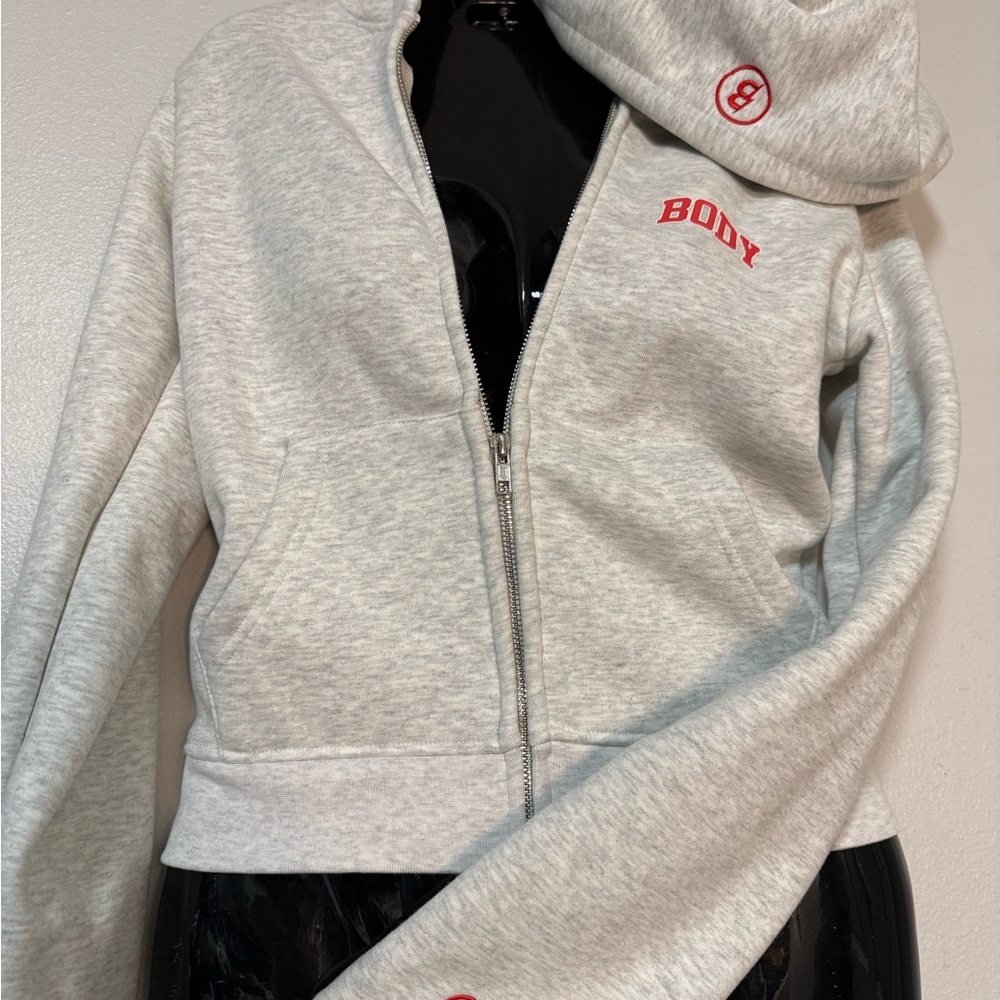 Body by Raven Gray Zip Up Hoodie Medium Embroidered Logo